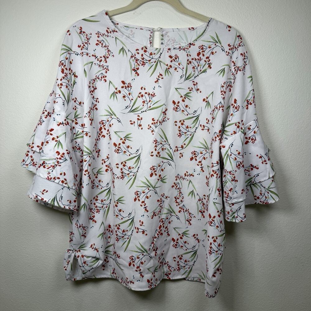 Women's 3/4 Tiered Bell Sleeve Crewneck Loose Top Blouse Large White Red Floral
